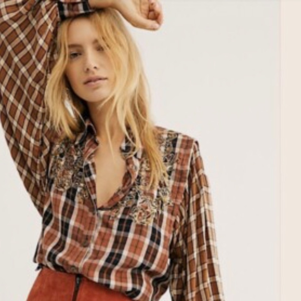 Free People Brown Plaid Button Down Shirt with Embroidered Yoke